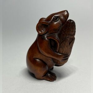 Netsuke Rat and Ear of Corn Boxwood Carving